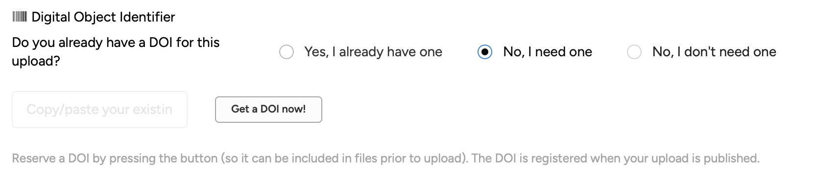 Click on the button saying "Get a DOI now" to pre-register a DOI
