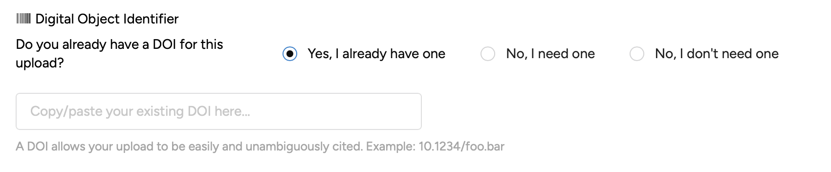 Screenshot showing radio buttons for getting a DOI (Yes, Choose yes, no I need one or no I don't need one for DOI