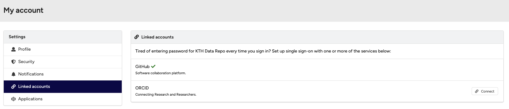 Linked accounts page with GitHub and ORCID options