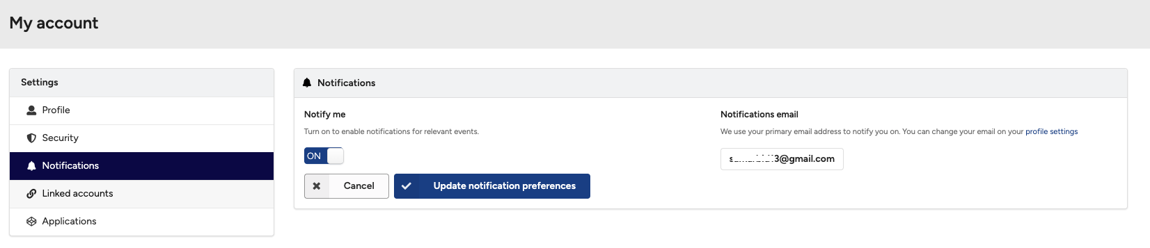 Notification preferences page showing toggle switch